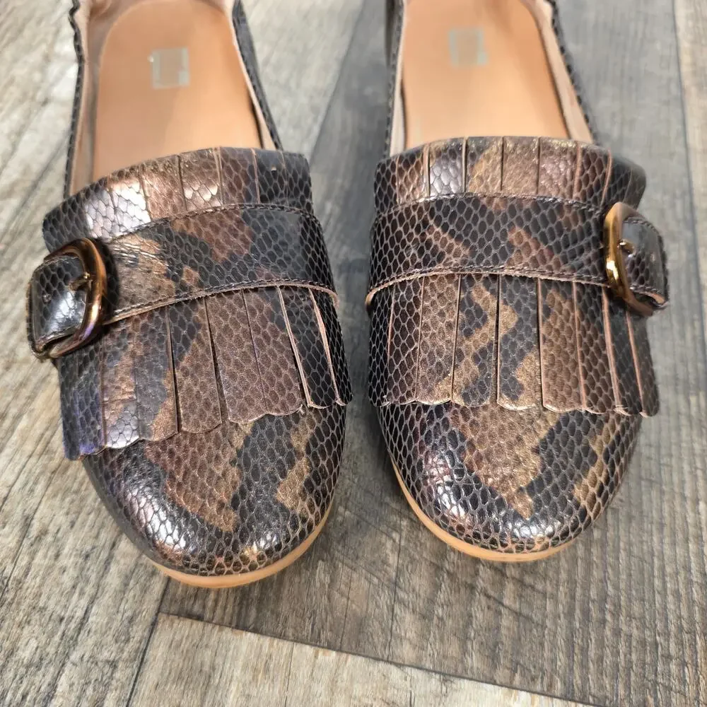 FitFlop Allegro Bronze Snakeskin Leather Kiltie Loafers Buckle Womens Size 8 1/2
